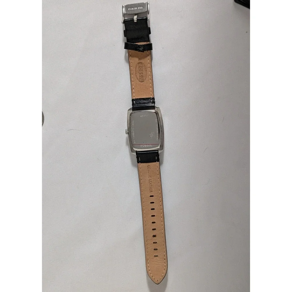Fossil Watch Black Leather Strap Tonneau Stainless Steel Date Men's